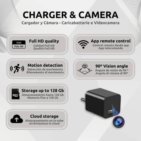 Cargador Cámara Espía Full HD Wifi Cuadrado Características