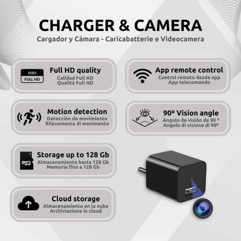 Cargador Cámara Espía Full HD Wifi Cuadrado Características