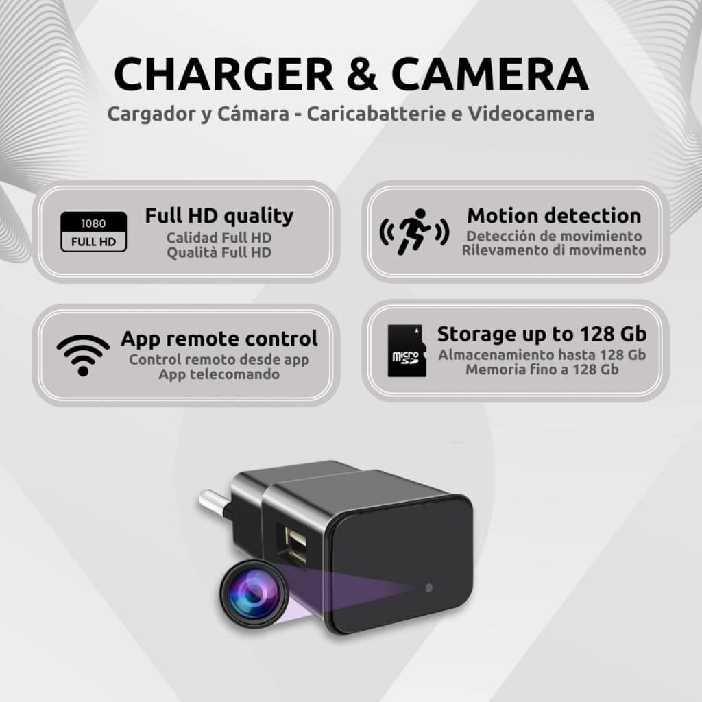 Cargador Cámara Espía Full HD Wifi Rectangular Características