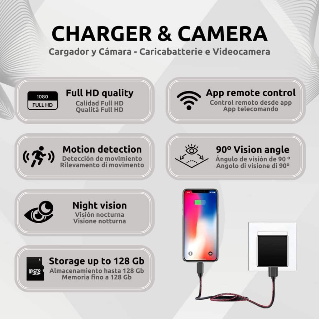 Cargador Mini Cámara Espía Full HD Wifi Características