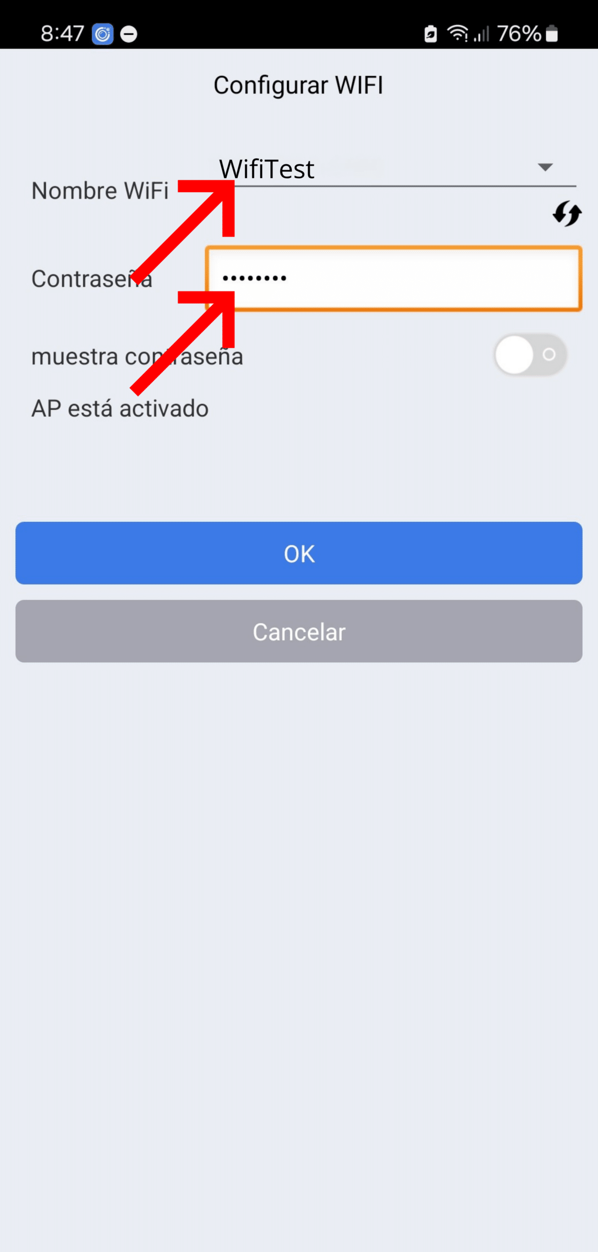 Introducir red wifi y contraseña iWFCam