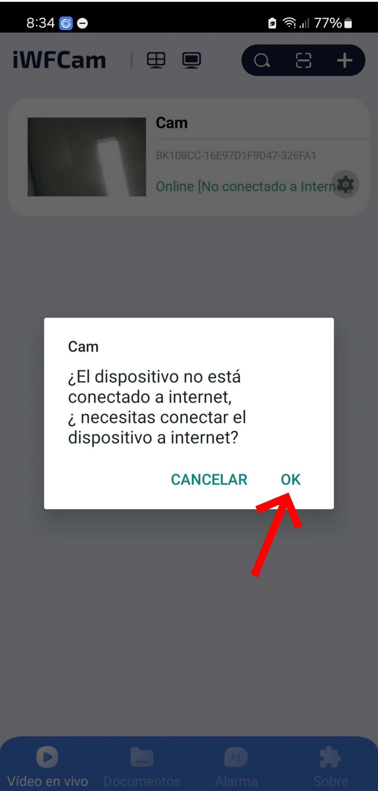 Notificacion Conexion a Internet Aceptar iWFCam