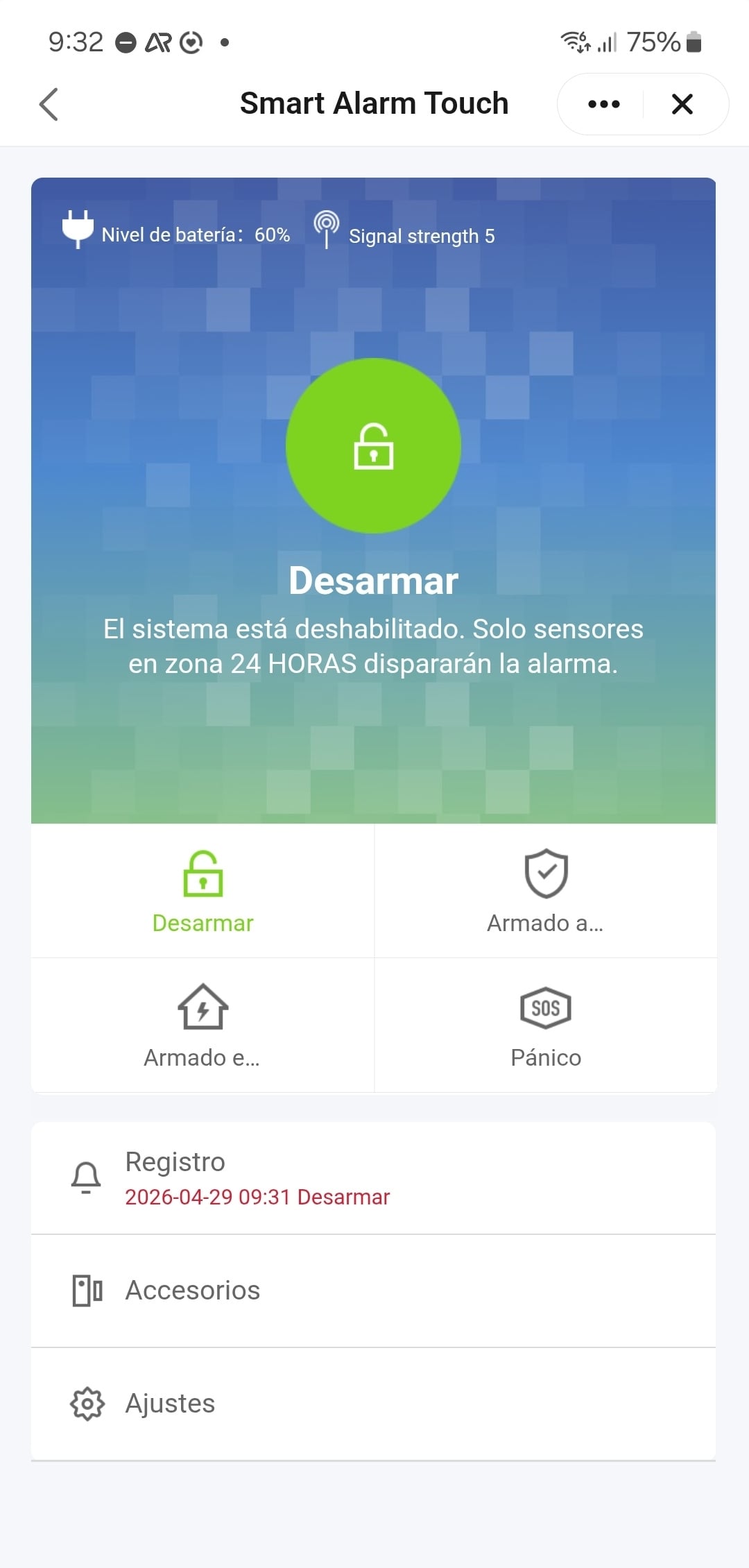 Pagina ppal TuyaSmart Alarma